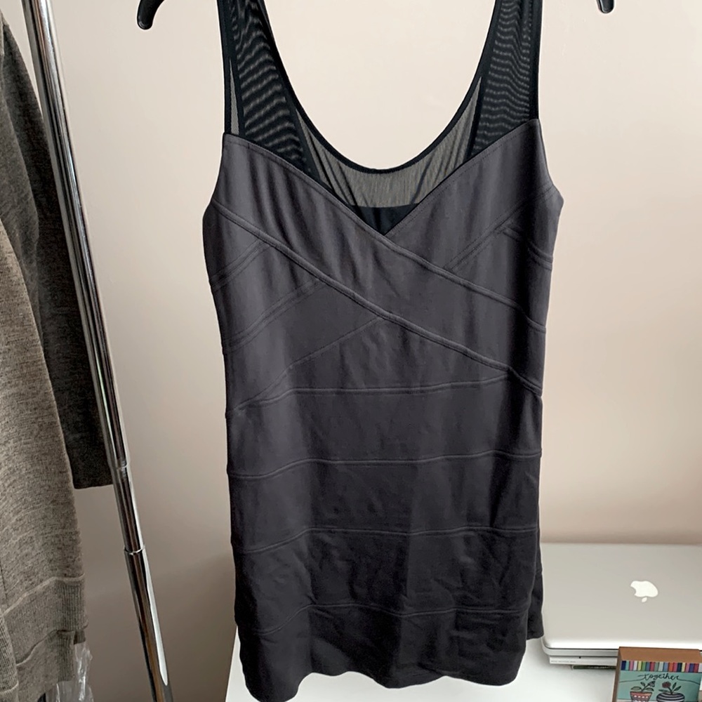 Bodycon comfortable gray and black sheer shoulder and chest neckline.